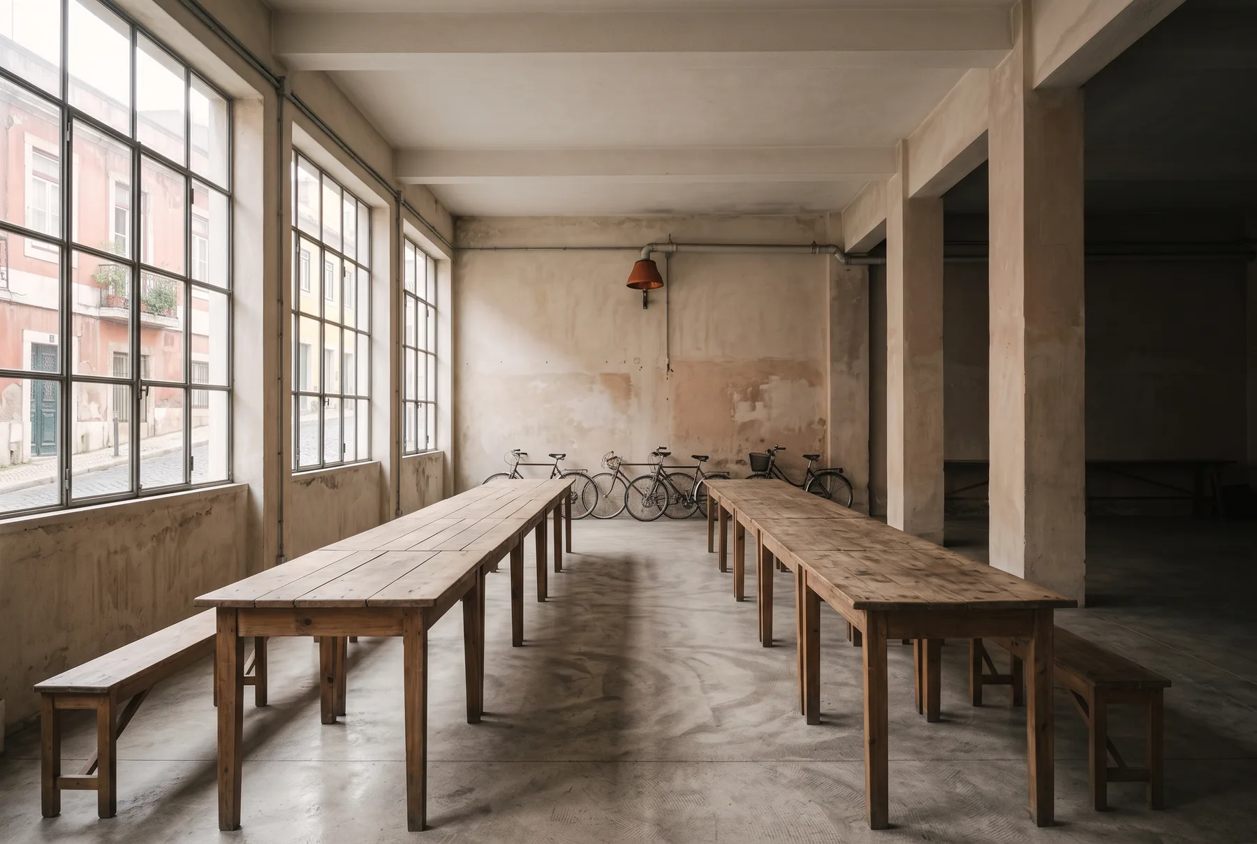 An empty converted warehouse: high ceilings, two long tables with benches, cold morning light through industrial steel windows.