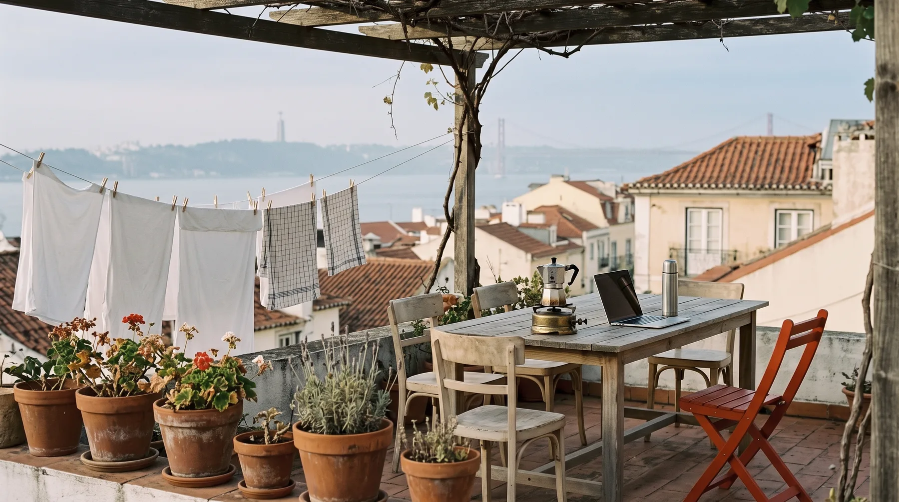 A coworking terrace over Lisbon rooftops.
